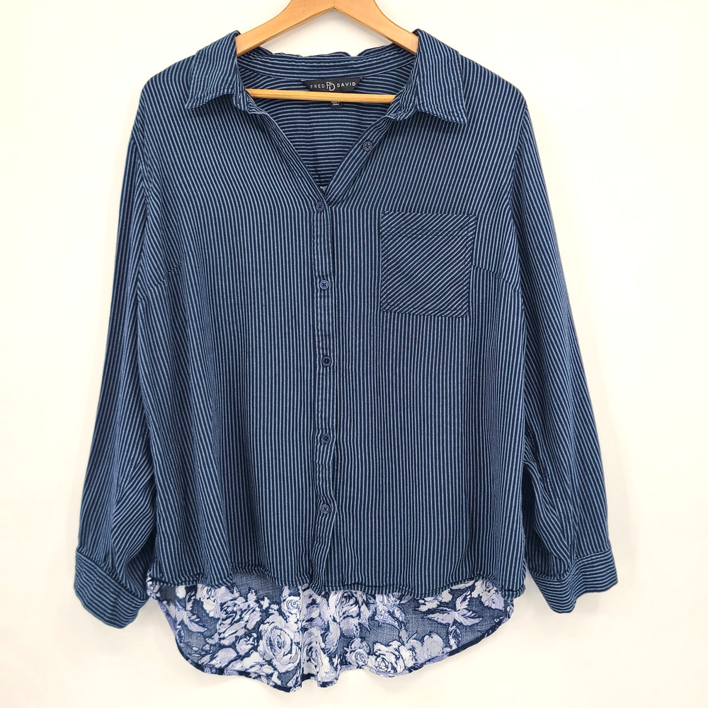 Fred David Stripe Floral Mixed Print Button Up Boho Chic Whimsical Fairy Size 2X